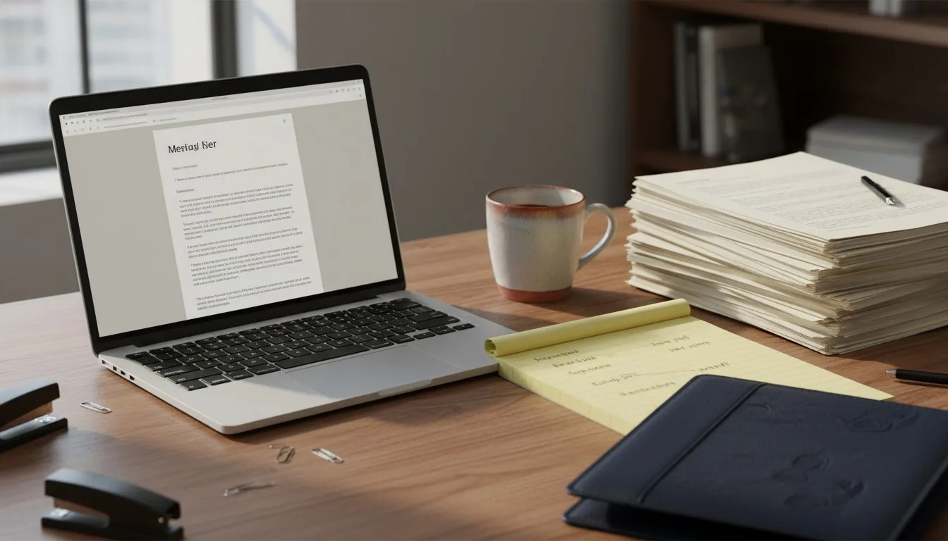 A working lawyer's desk with an open laptop, a stack of case-law printouts, a yellow legal pad, and a coffee cup in warm natural light.