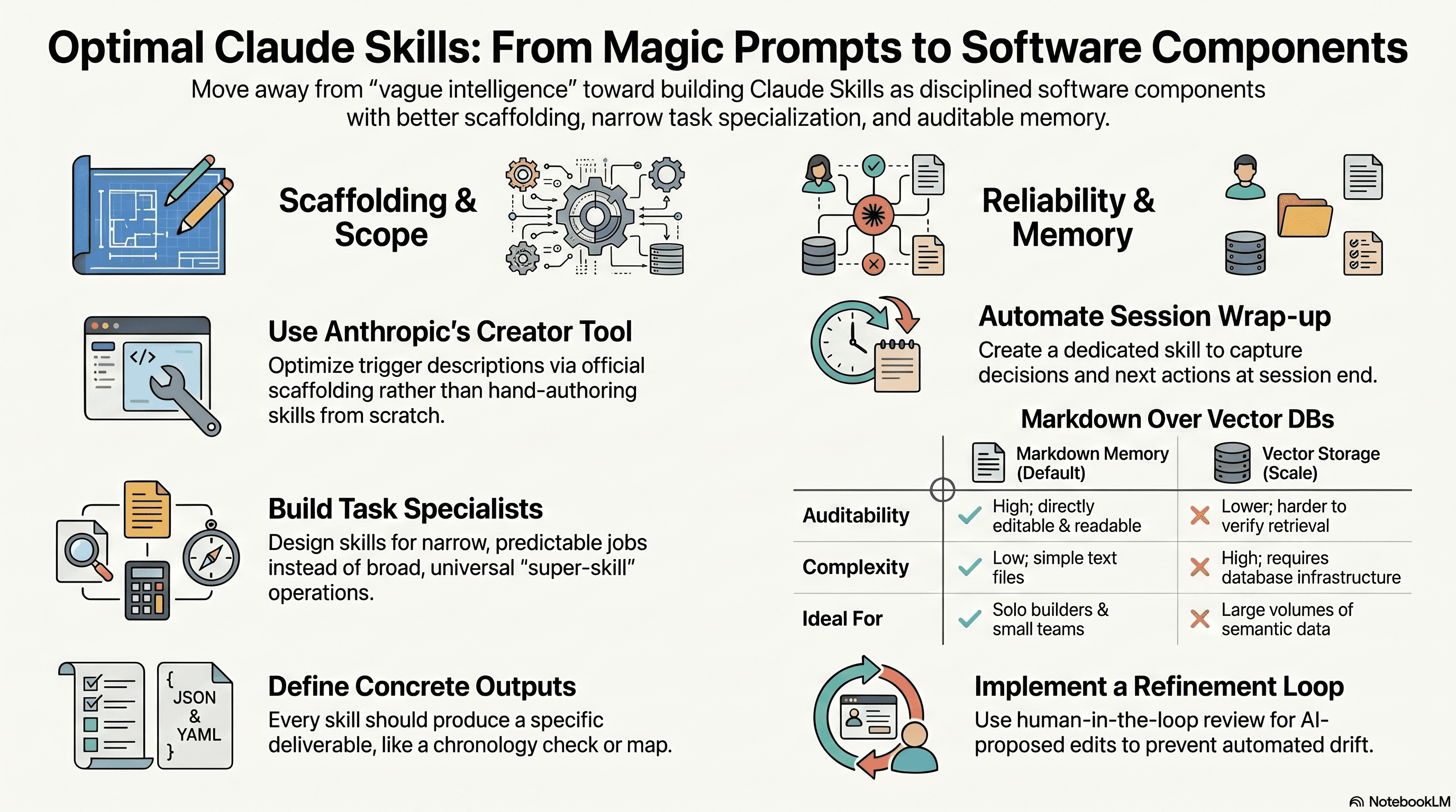 Infographic titled Optimal Claude Skills: From Magic Prompts to Software Components with subhead about moving away from vague intelligence toward disciplined software components through better scaffolding, narrow task specialization, and auditable memory. Two columns of cards: Scaffolding and Scope (Use Anthropic's Creator Tool, Build Task Specialists, Define Concrete Outputs) and Reliability and Memory (Automate Session Wrap-Up, Markdown Over Vector DBs comparison table, Implement a Refinement Loop).